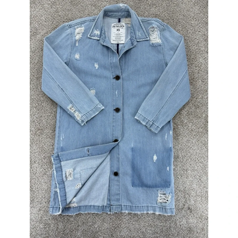 Zara ZW The Levitha Denim Coat Womens XS Light Wash Destroyed Denim Chore Duster